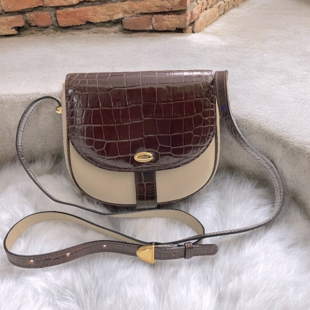 Bally Brown Croc-Embossed & Beige Crossbody Bag